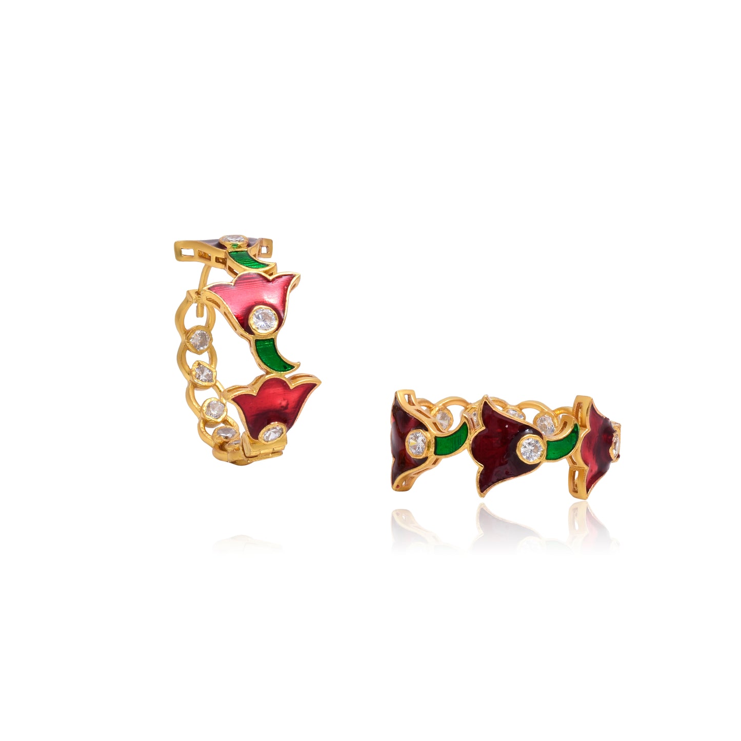 Moissanite Polki Red Meena Flower Studs