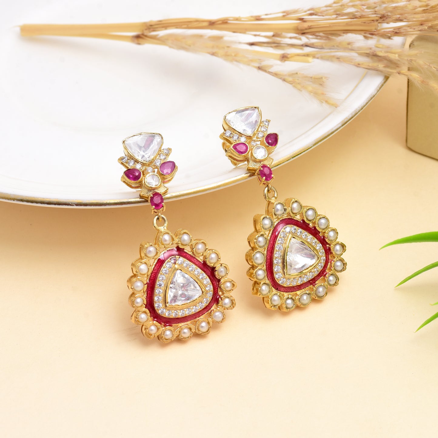 Moissanite Polki Red Meena Drop Earrings