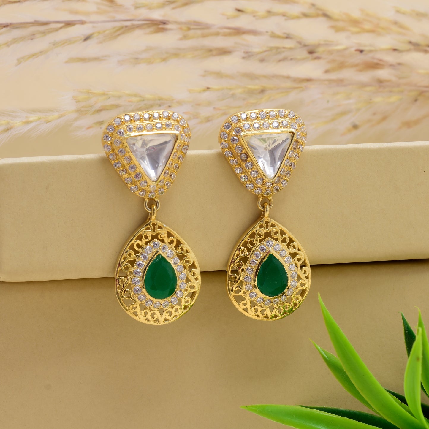 Moissanite Polki Jaali Work Earrings