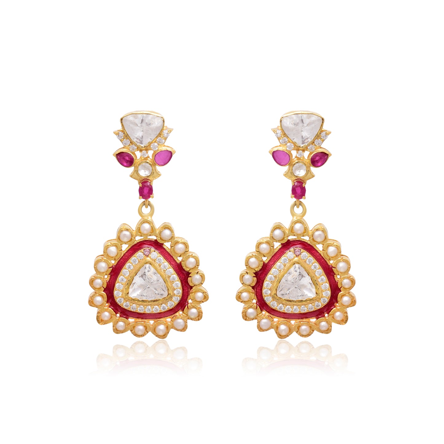 Moissanite Polki Red Meena Drop Earrings