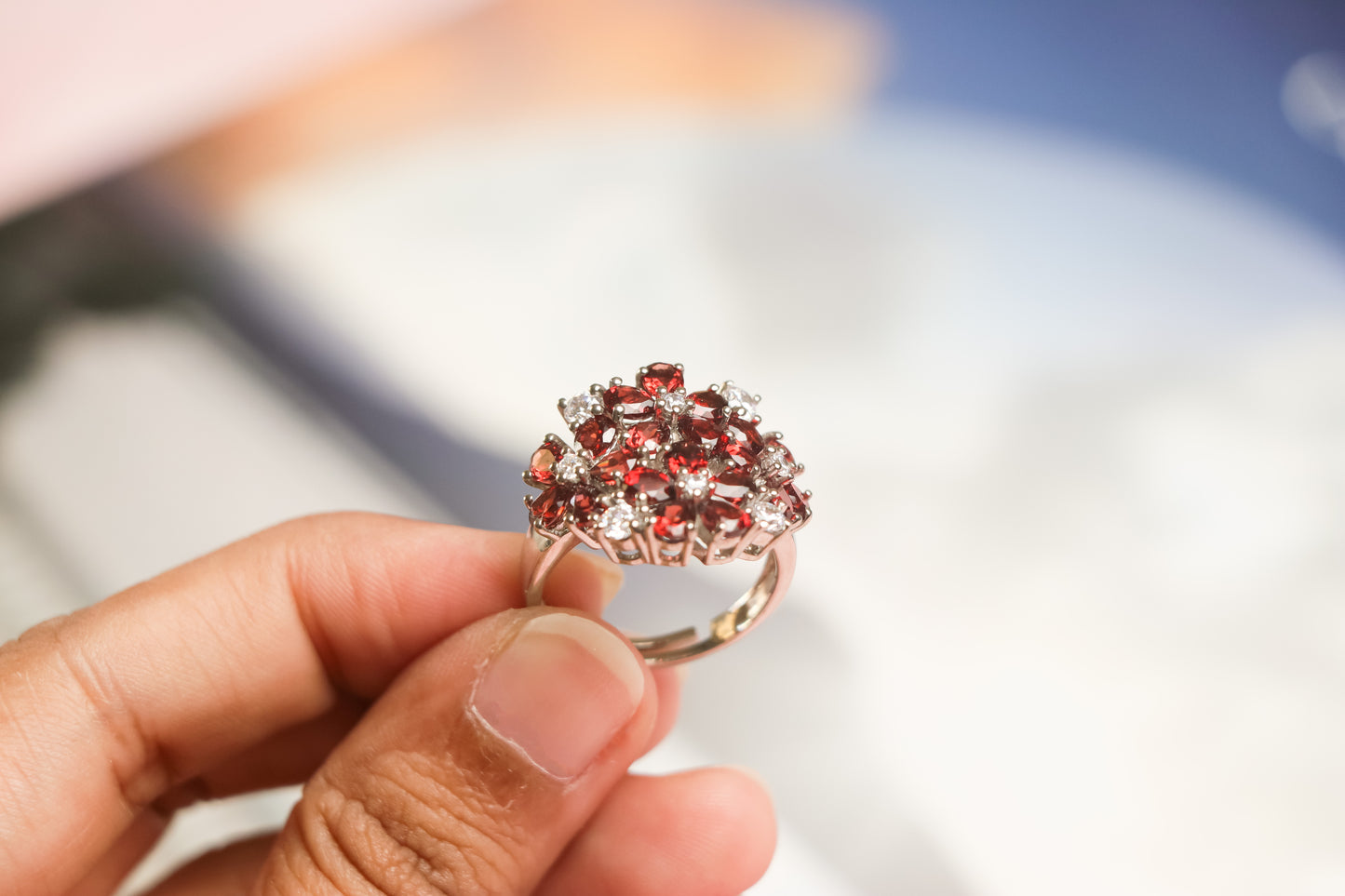 Garnet Red Floral Ring