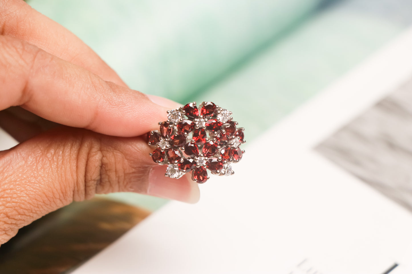 Garnet Red Floral Ring