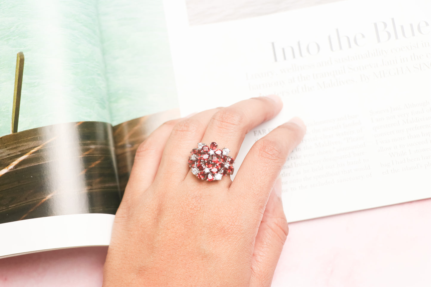 Garnet Red Floral Ring
