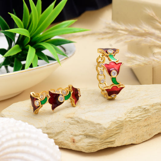 Moissanite Polki Red Meena Flower Studs