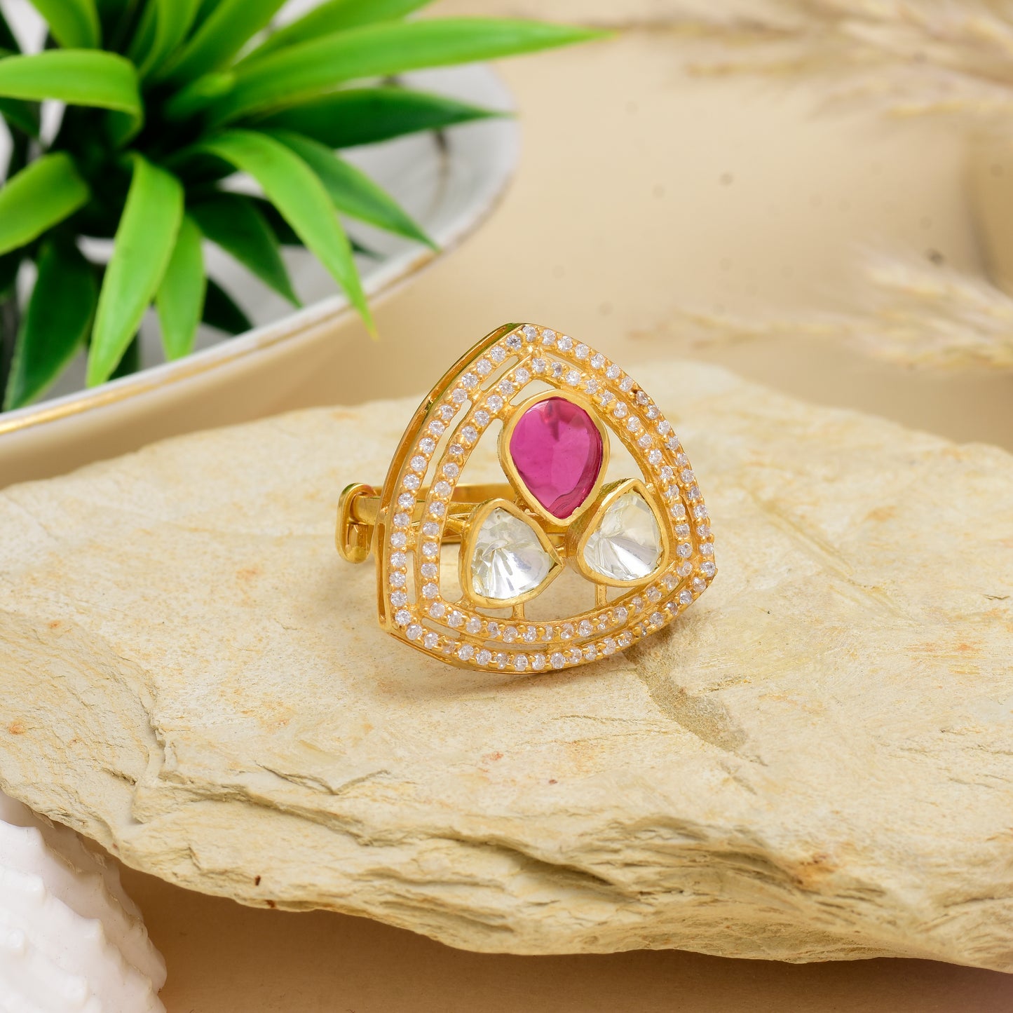 Moissanite Polki 3 Stone Ring