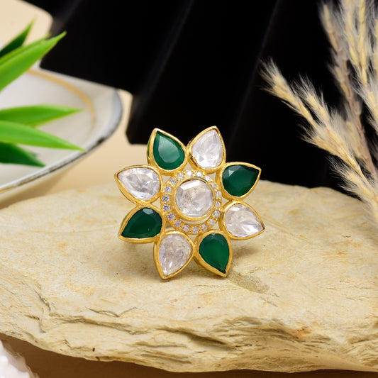 Moissanite Polki Traditional Green Ring