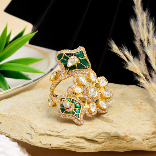 Moissanite Polki Green Leaf Ring