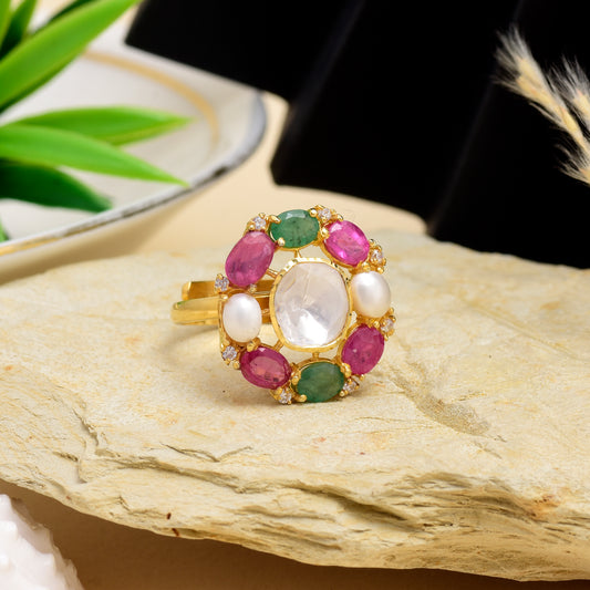 Moissanite Polki Navratan Ring