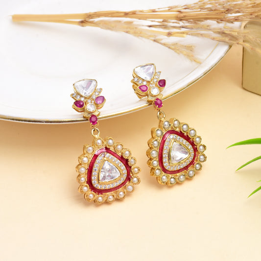 Moissanite Polki Red Meena Drop Earrings