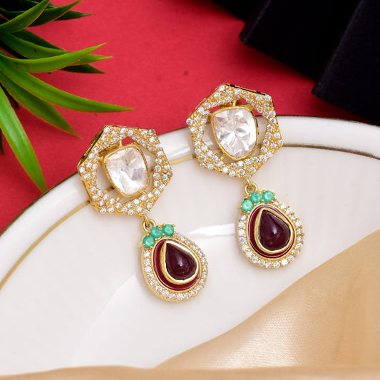 Moissanite Polki Red Stone Earrings