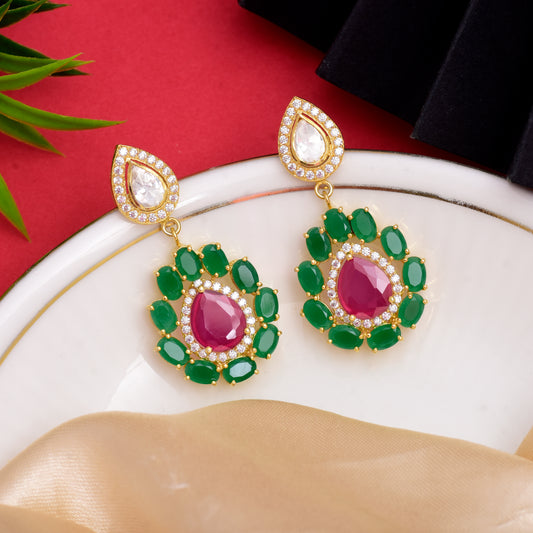 Moissanite Polki Red Green Earrings